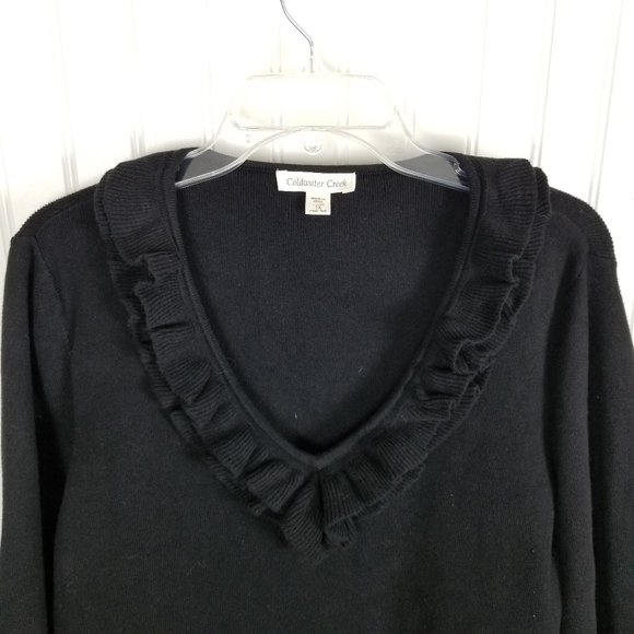 Coldwater Creek Wool Cashmere Sweater Black Ruffle V Neck 3/4 Sleeve 1X Feminine - Picture 3 of 6